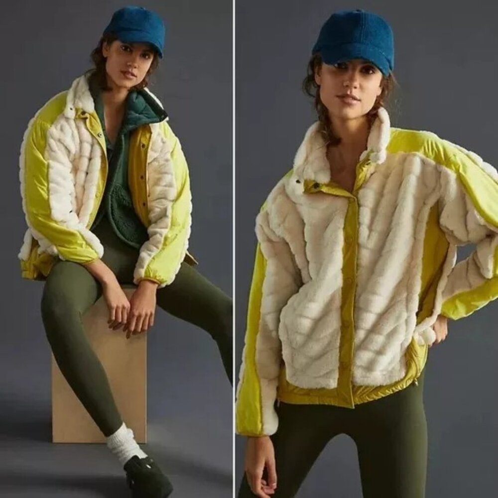 Anthropologie Maeve Snow Day Quilted Jacket Size Small Yellow Cream/Ivory Ski